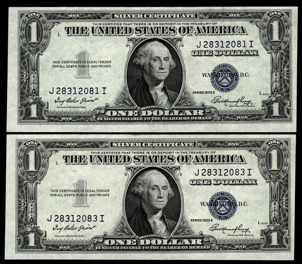 2x 1935 E $1 Silver Certificates UNCIRCULATED (AE)