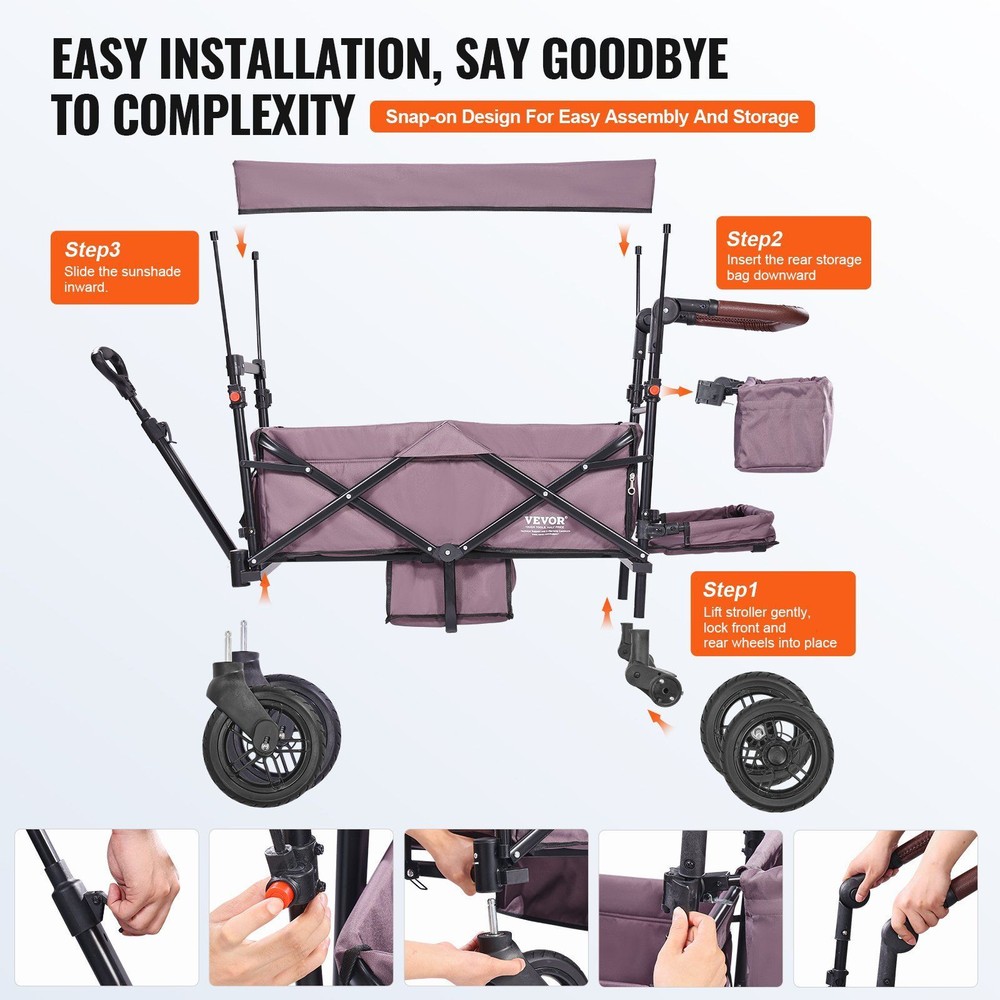 Wagon Stroller for 2 Kid Push Pull Quad Collapsible Stroller w/Adjustable Handle