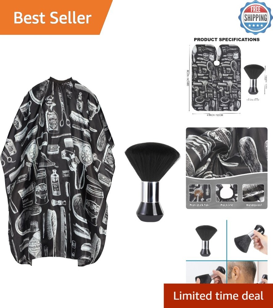 Luxury Black Barber Cape with White Pattern & Ergonomic Neck Duster Brush