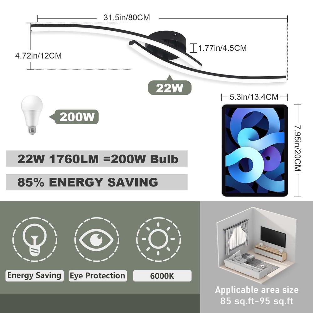 Modern LED Ceiling Light 22W Black Linear Ceiling Lights Fixture 6000K Alumin...