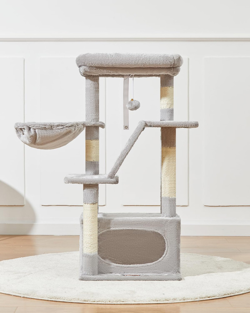Luxurious 38.2-Inch Cat Tree Tower with Adjustable Baskets and Perch - Light Gra