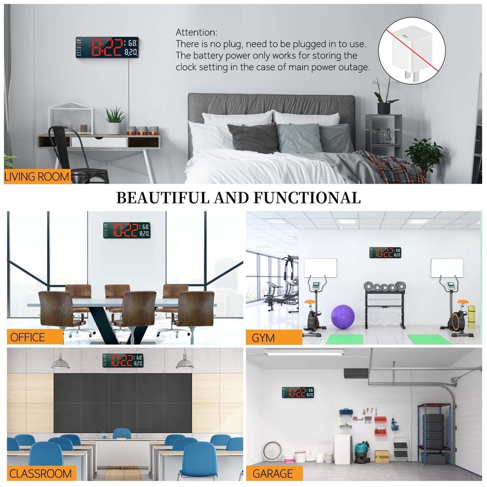 Large Digital Wall Alarm Clock with Remote Control Date Temperature Week