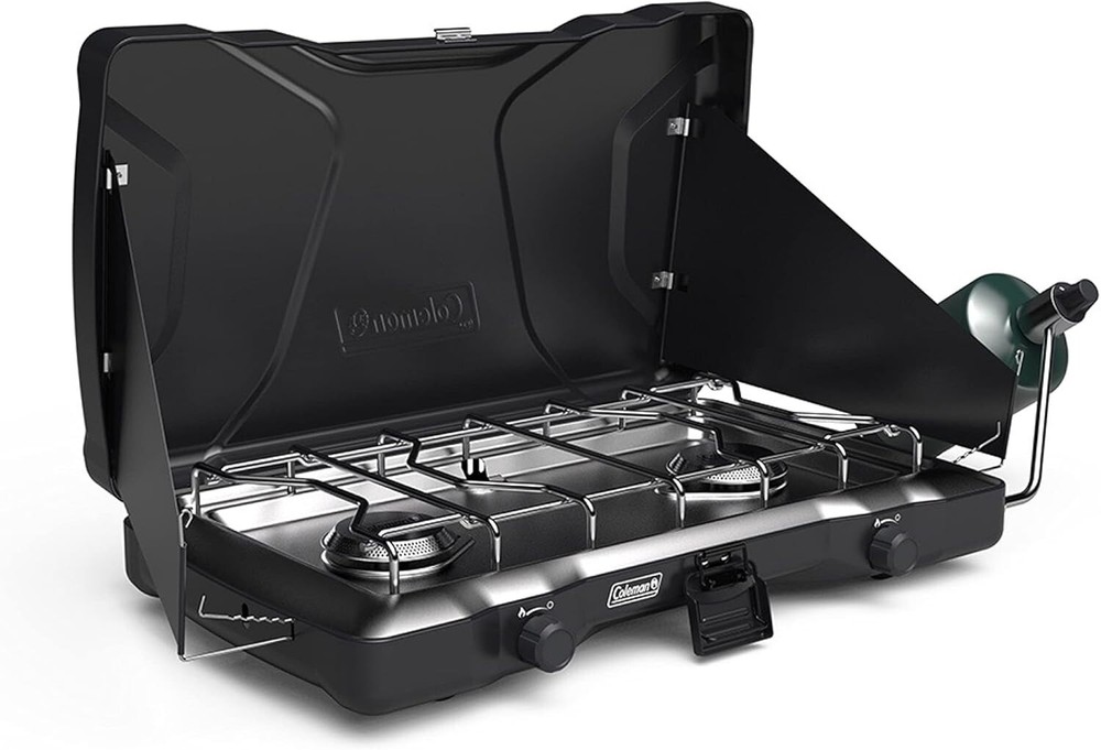 Efficient 2-Burner Propane Stove for Camping: Wind Guards & Grill Plate Included