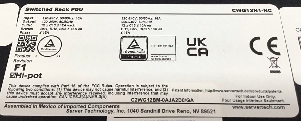 Server Technology CWG12H1-NC Switched Rack PDU