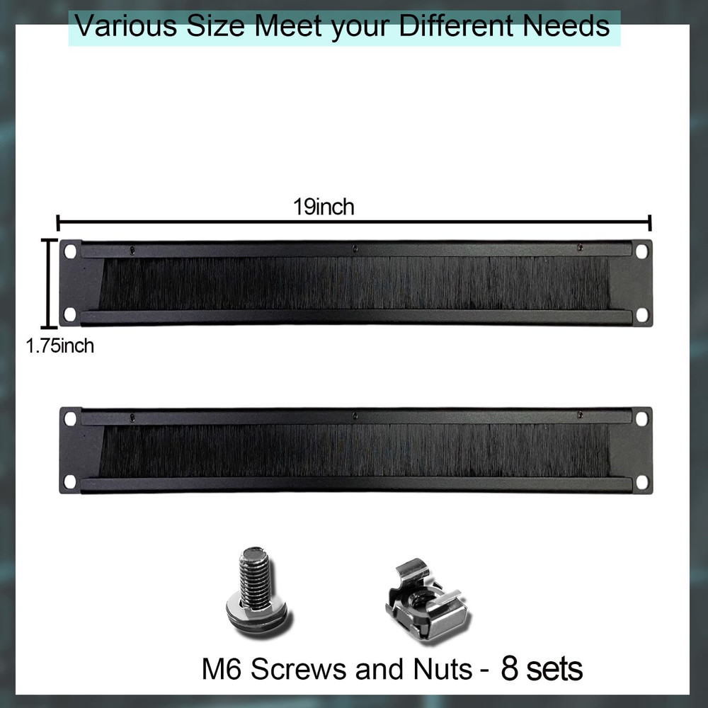 1U Rack Mount Blank Panel with Brush for Cable Management (2 Pack)
