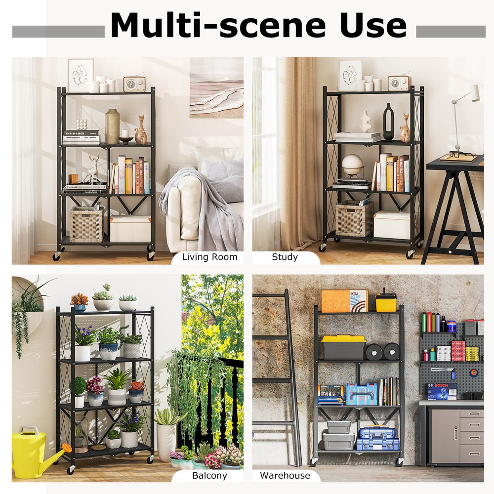 4-tier Foldable Storage Shelving Unit w/4 Universal Wheels for Kitchen Study