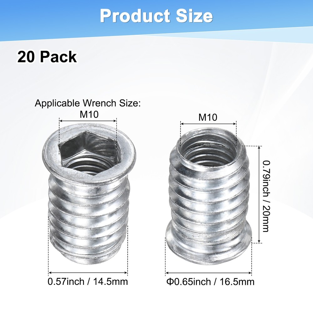 20-Pack Threaded Inserts for Wood, M10x20mm Threaded Insert Nuts [Silver Tone]