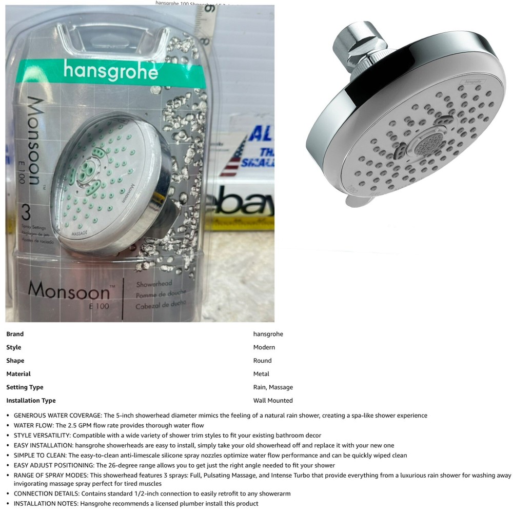 Hansgrohe E 100 MONSOON Showerhead  Polished Chrome 3 Settings Massage No Clog
