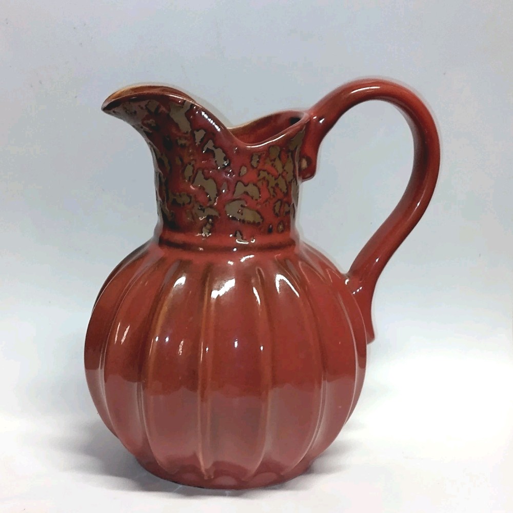 Red Brown Ceramic Water Pitcher 8.5" Ribbed Round Bottom Jug or Planter