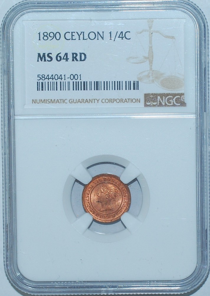 1890 NGC MS64RD Red Ceylon 1/4 Cent KM-90