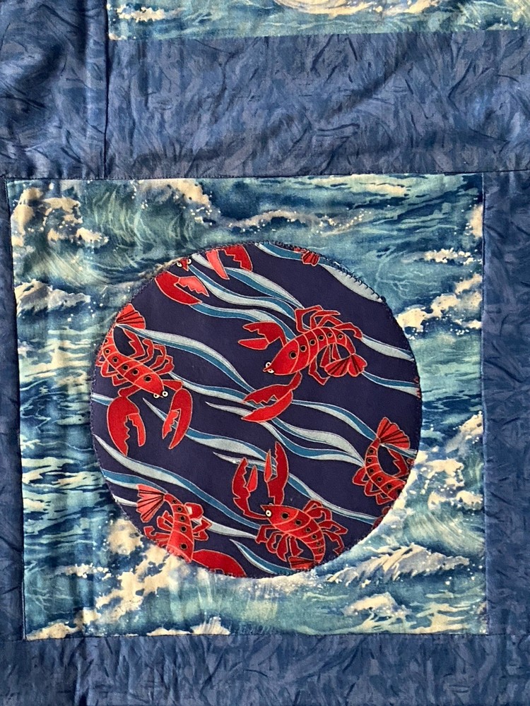 Handmade Quilted Square Table Topper 2008 Ocean Beach Theme Shells Fish Boats