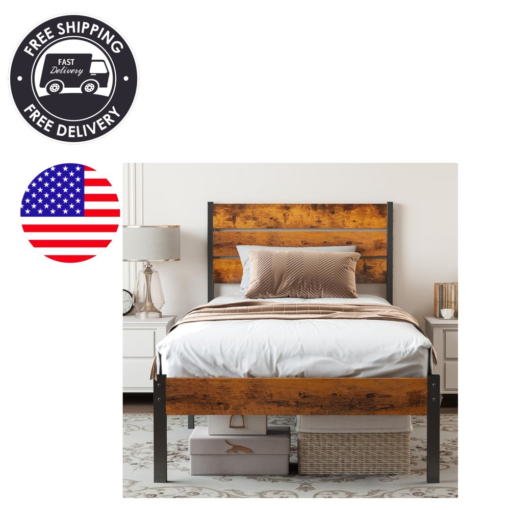 Twin Size Metal Platform Bed Frame - Mattress Foundation with Headboard and a...