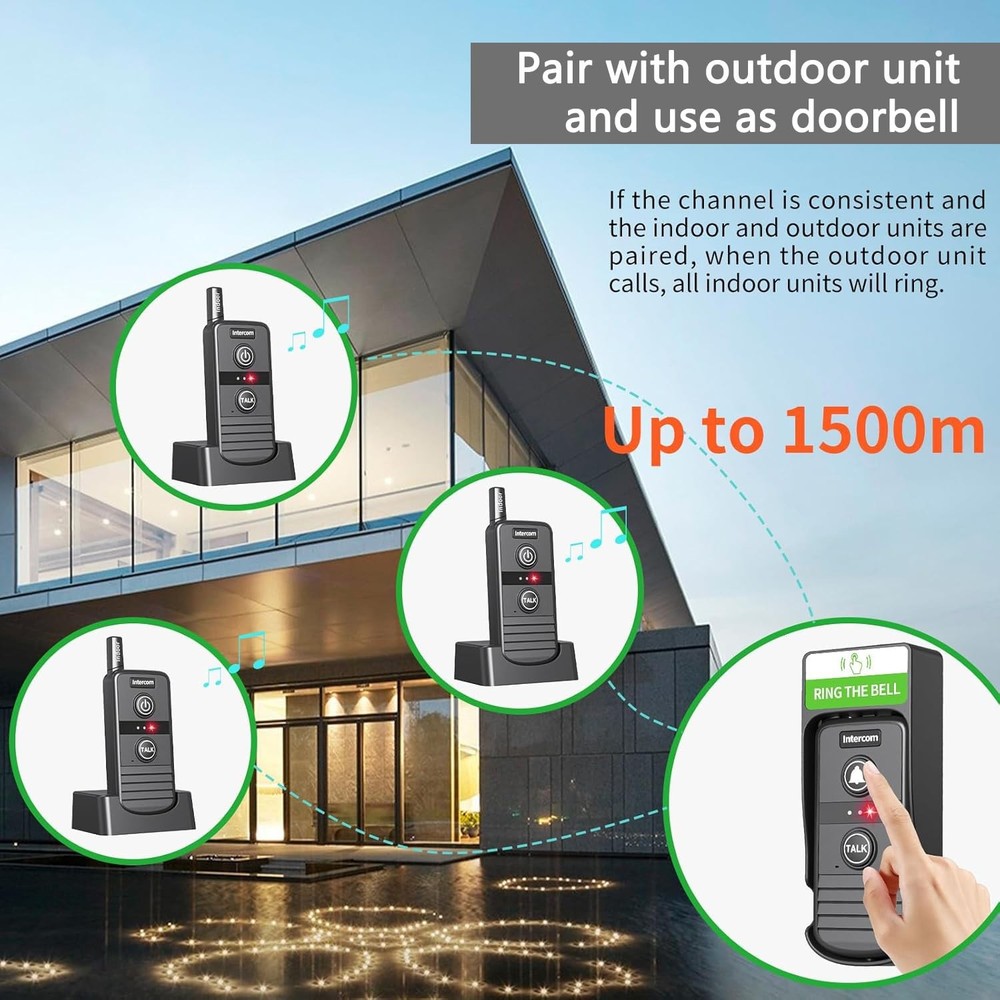 Wireless Home Intercom System 2 Pack Long Range 4900ft Waterproof Office House