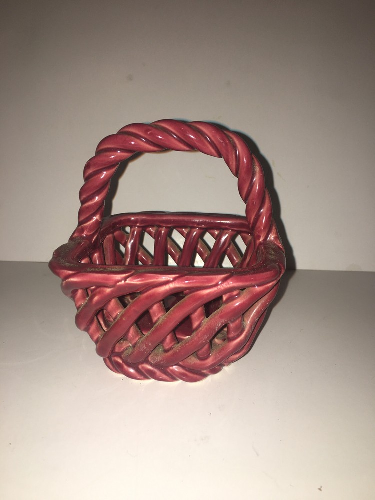 Ceramic 4" Tall Square Red Basket Open Weave Twisted Handle