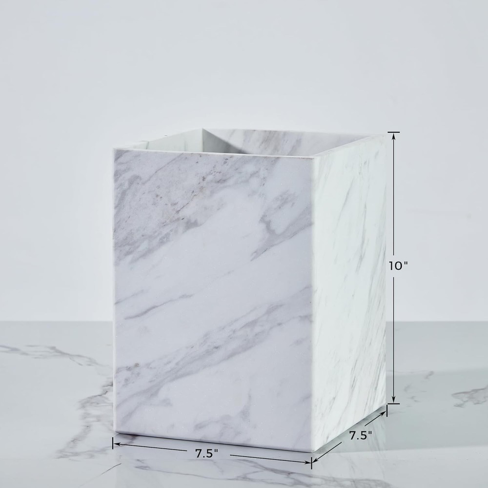 Natural White Marble Wastebasket Elegant Texture Rectangular Trash Can Luxury