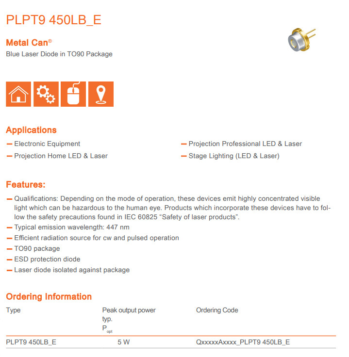 Osram 450nm 5W Blue Laser Diode PLPT9 450LB_E