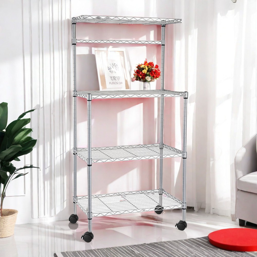 4-Tier Rolling Wire Shelving Unit - Adjustable, Silver & Metal Kitchen Rack