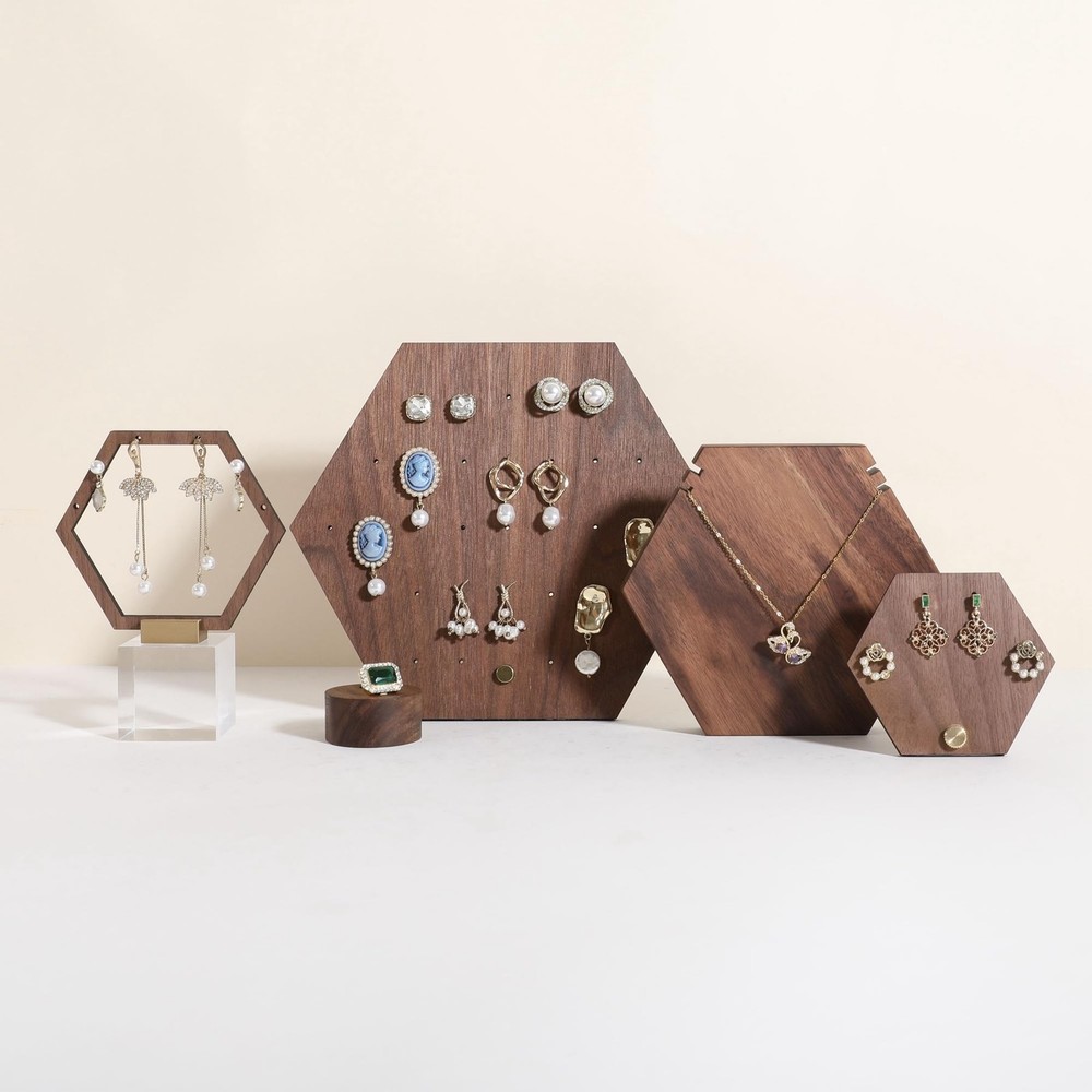 GemeShou Walnut earring organizer board, Hexagon sharp earring display stand ...