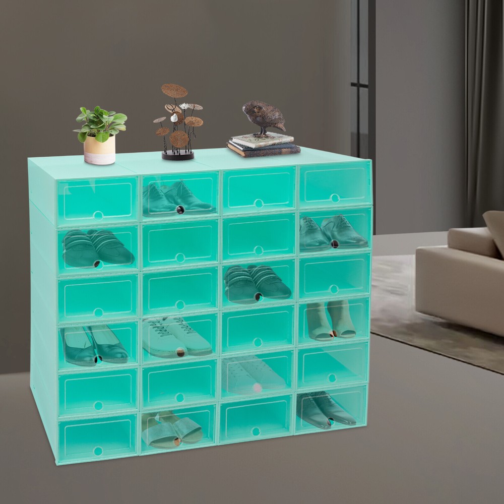 24Pack Foldable Shoe Box Storage Stackable Plastic Sneaker Case Organizer W/Lids