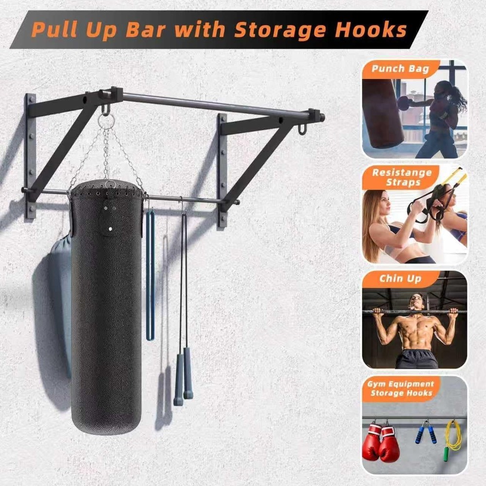 Wall Mounted Pull Up Bar, Strength Training Chin Up Bar with Hooks, Adjustable D