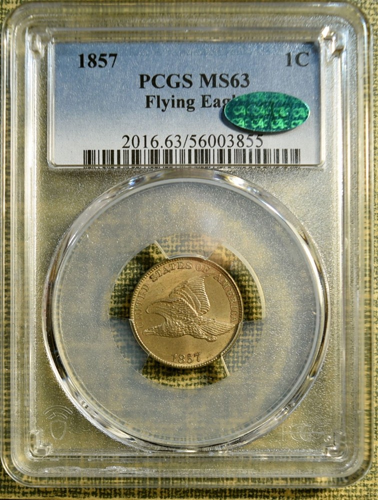 1857 PCGS MS63 Flying Eagle Cent - CAC Stickered