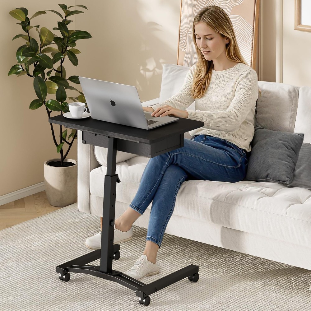 Rolling Adjustable Height Computer Desk With Drawers, Small Mobile Laptop Des...