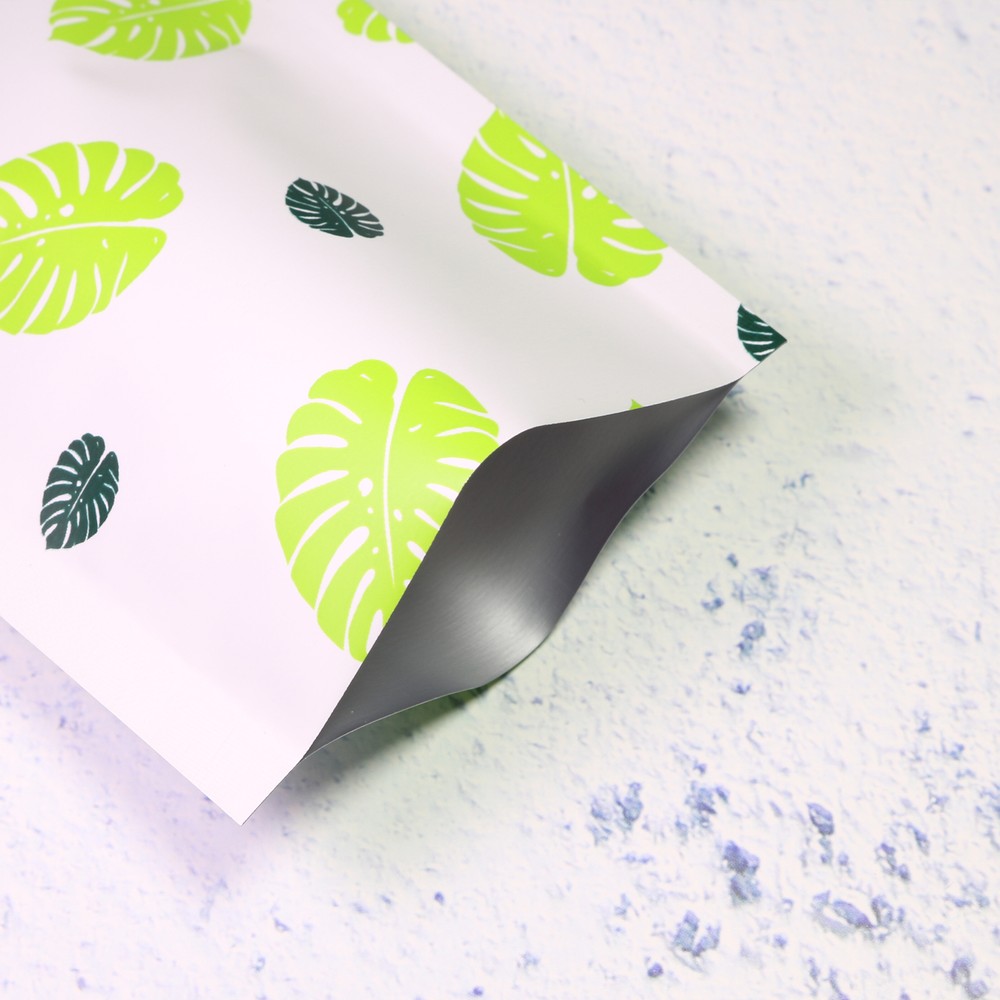 Flat Matte Green Leaf Patterned Design Open-Top Heat-Sealable Packaging Pouches