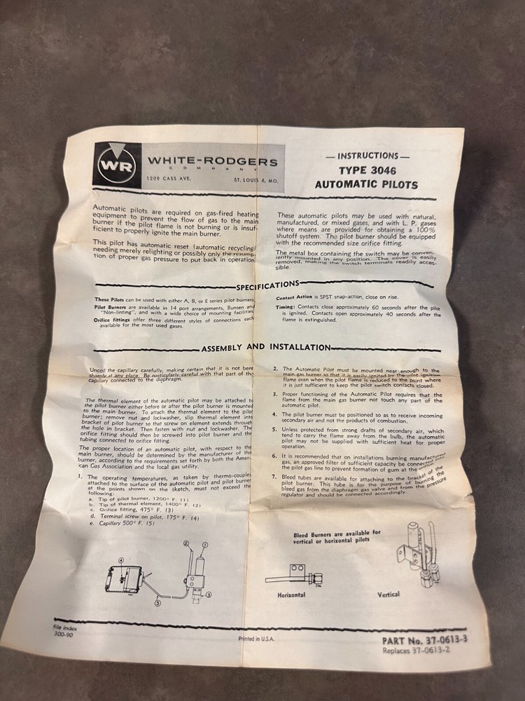 White Rodgers 3046-5 Automatic Pilot 42" Capillary, L39-553