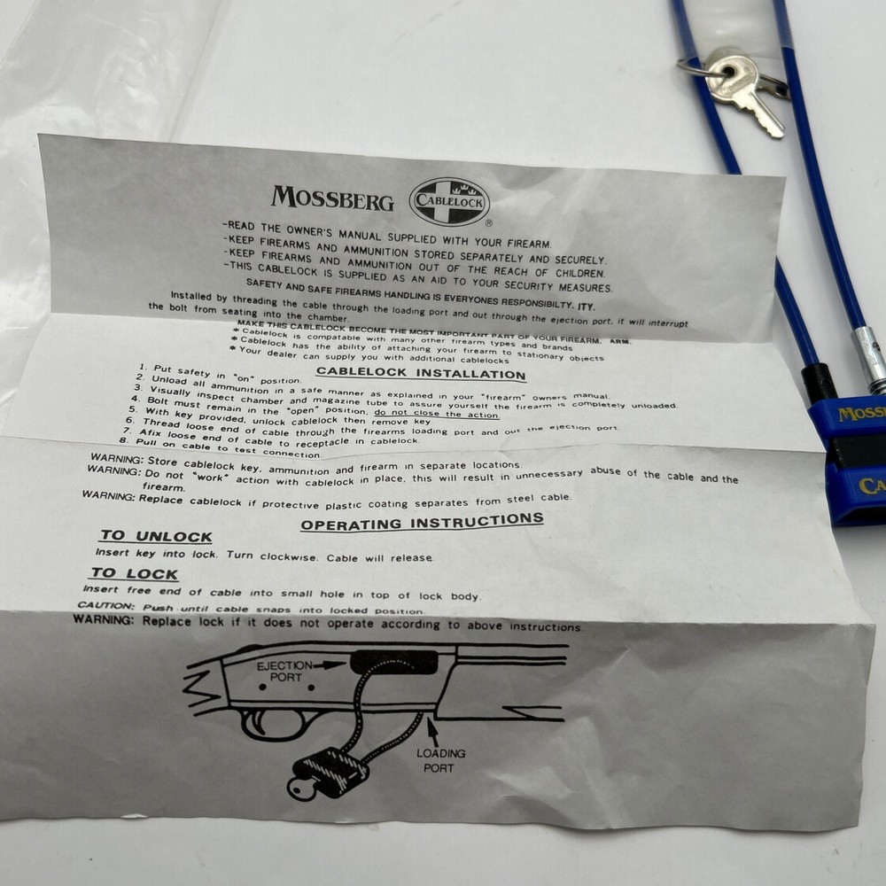 Cable Lock Gun Firearm Lock Mossberg Blue, w/ Instructions & 2 Keys