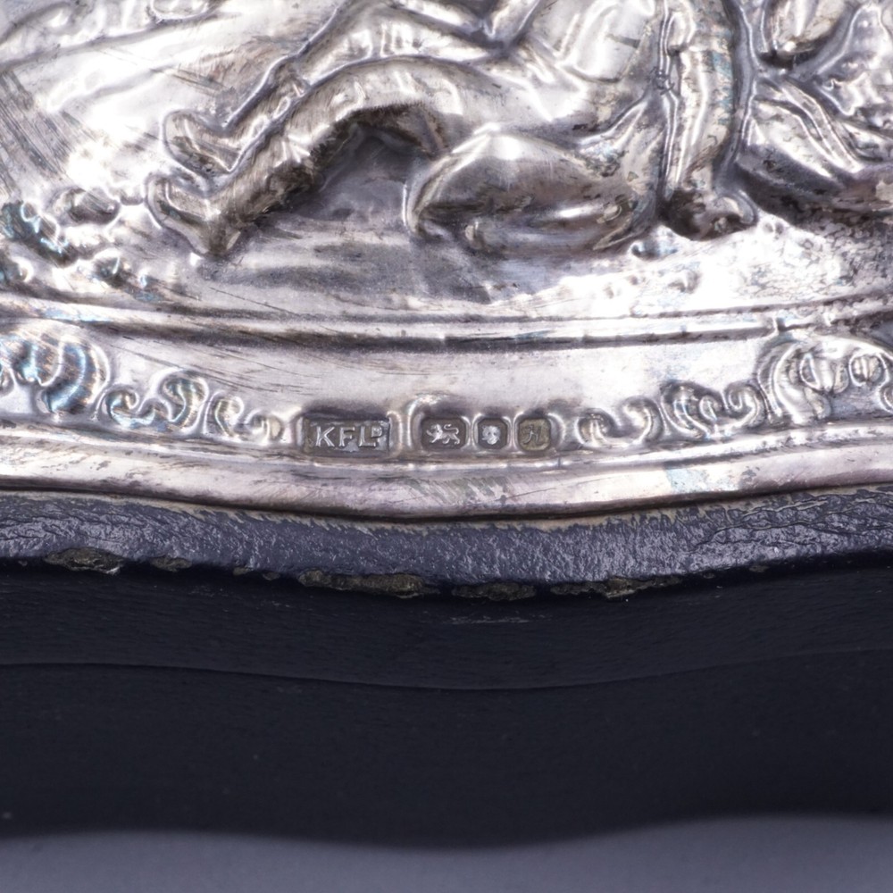 Sterling Silver Repousse Plaque Blue Leather Lined Trinket Box