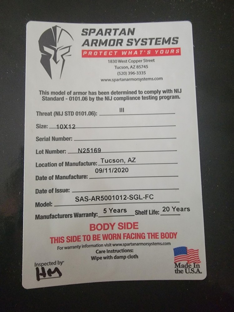 Spartan Level III AR500 Body Armor