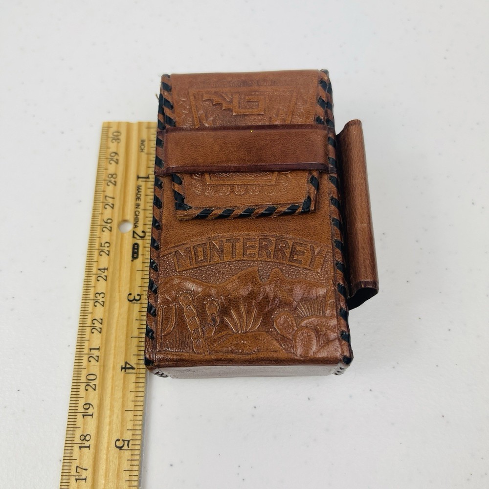 Vtg Hand Made Tooled Leather Embossed Cigarette Case Lighter Monterrey Mexico