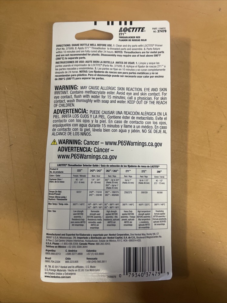 Loctite Thread Locker - Red 271 - 36 ml Bottle