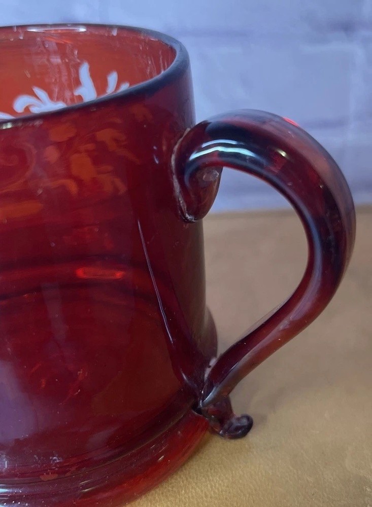 Hand Blown Ruby Red Flash Clear Glass Antique Mug “For A Good Girl” *Repaired*