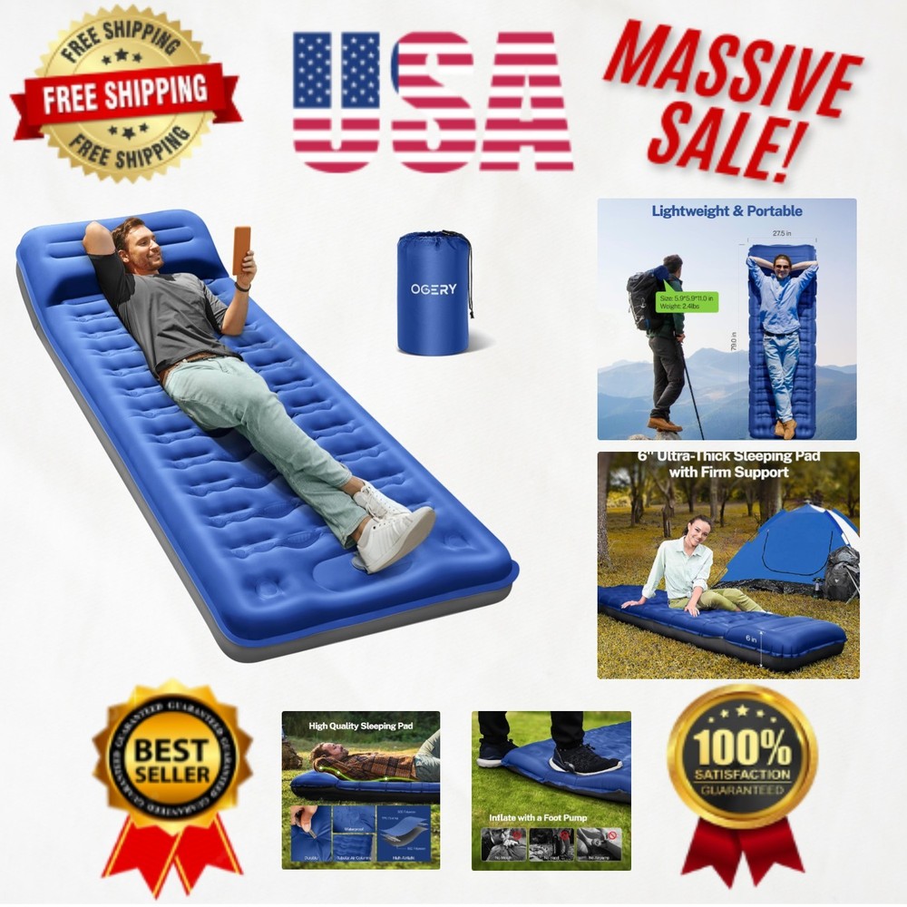 6" Extra-Thick Self-Inflating Camping Sleeping Pad with Pillows & Pump - Blue