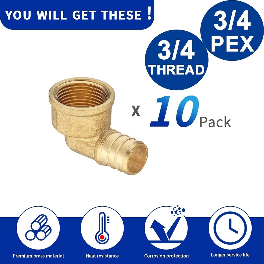 (10 Pack) Lidertik 3/4 PEX 3/4" x Thread Pack), Brass