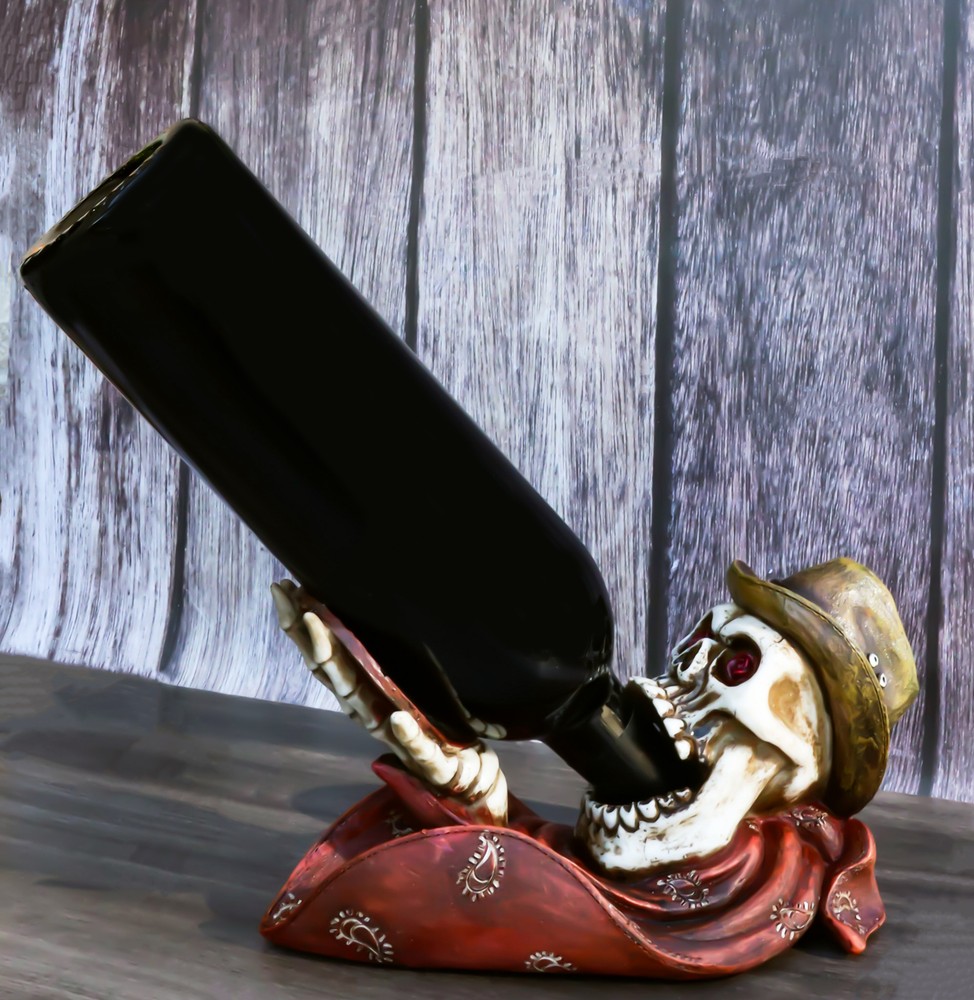 Rustic Western Gritty Budge Cowboy Skull Skeleton with Hat Drinking Wine Holder