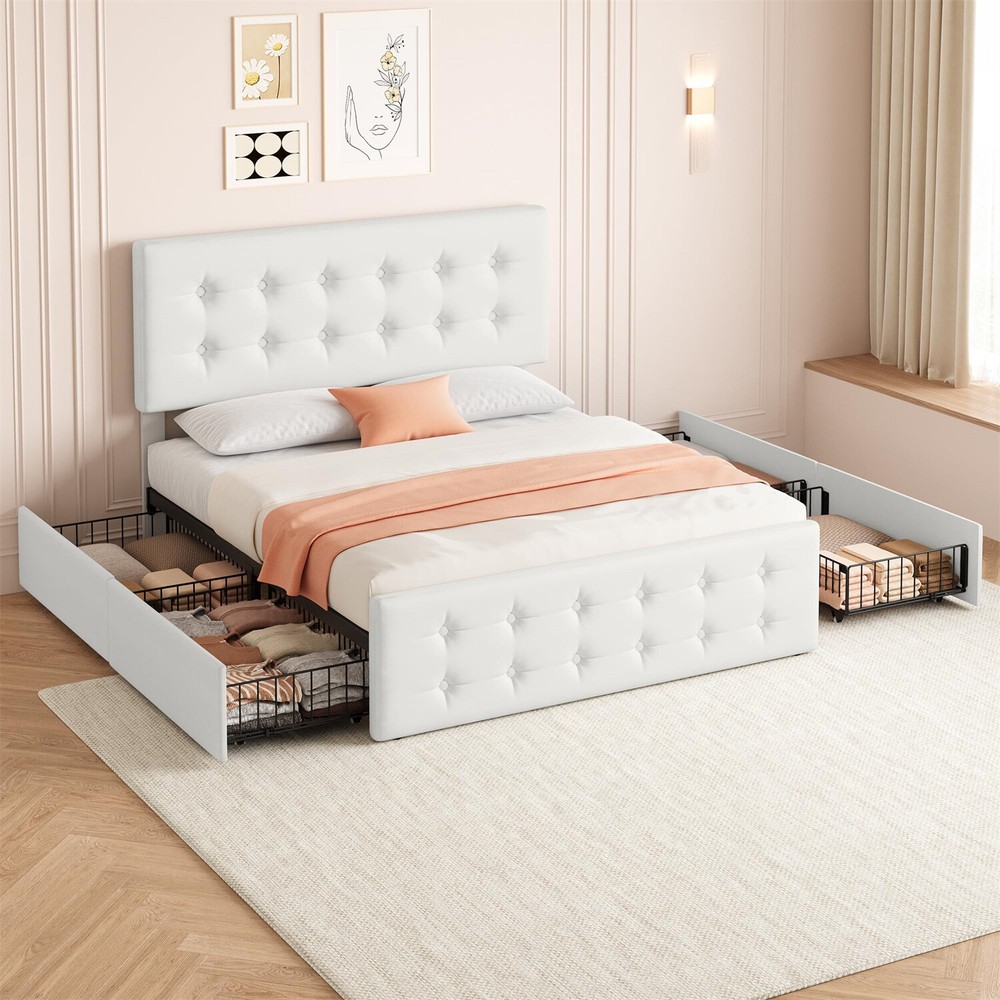 💯💯Full/QUEEN Bed Frame 4 Storage Drawers Headboard Upholstered Platform Leathe