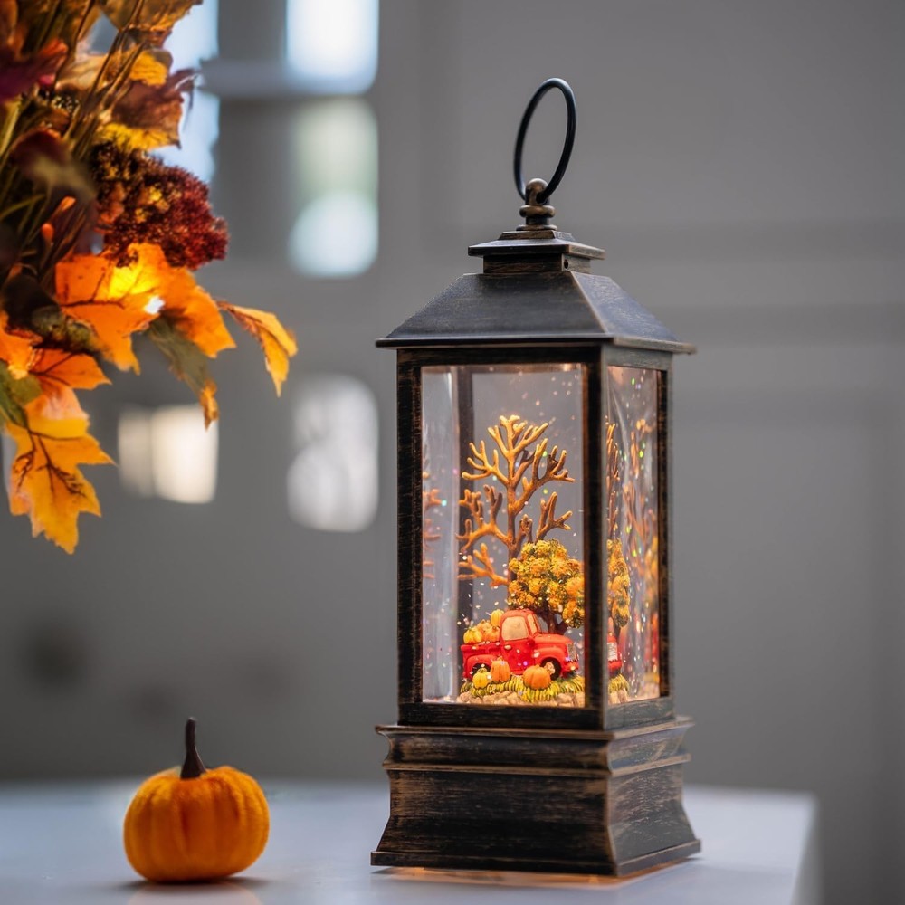 10'' Lighted Fall Snow Globe Lantern Truck Pumpkins Decor