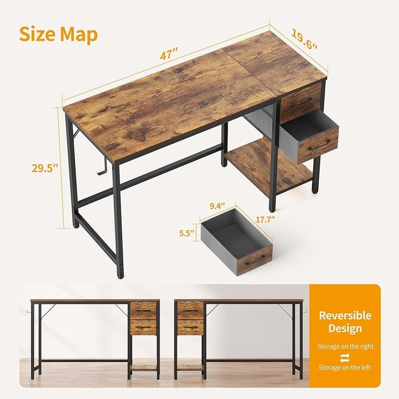 Reversible Small Computer Desk W/ Ample Storage & Easy Assembly Drawers New