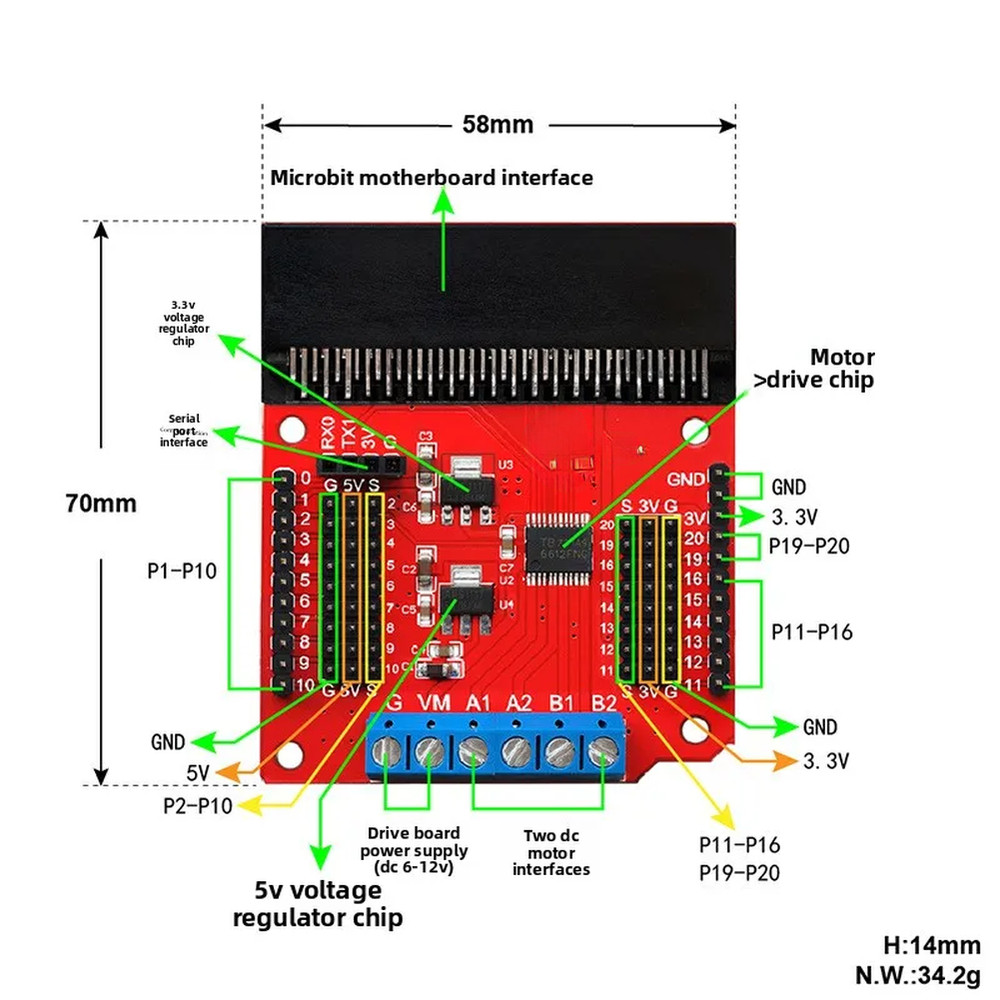 DC Motor Control Expansion Board Compatible with Tiny:bit Microcontroller