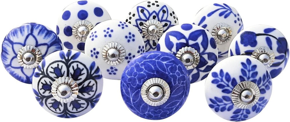 Vintage Blue Hand Painted Ceramic Pull Knobs for Kitchen Cabinet, Door & Draw...