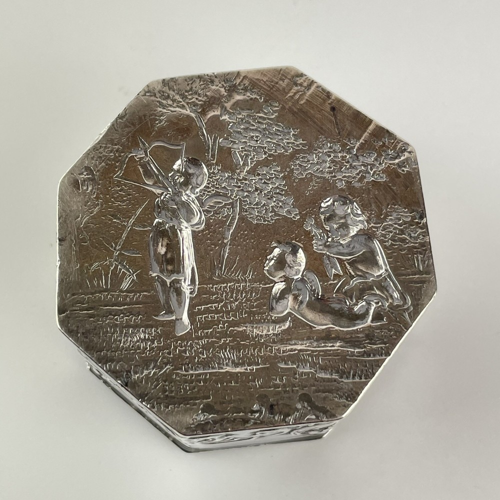 Antique Solid Silver & Gilt Trinket Box Cupid & Cherub Embossed 1899 John Smith