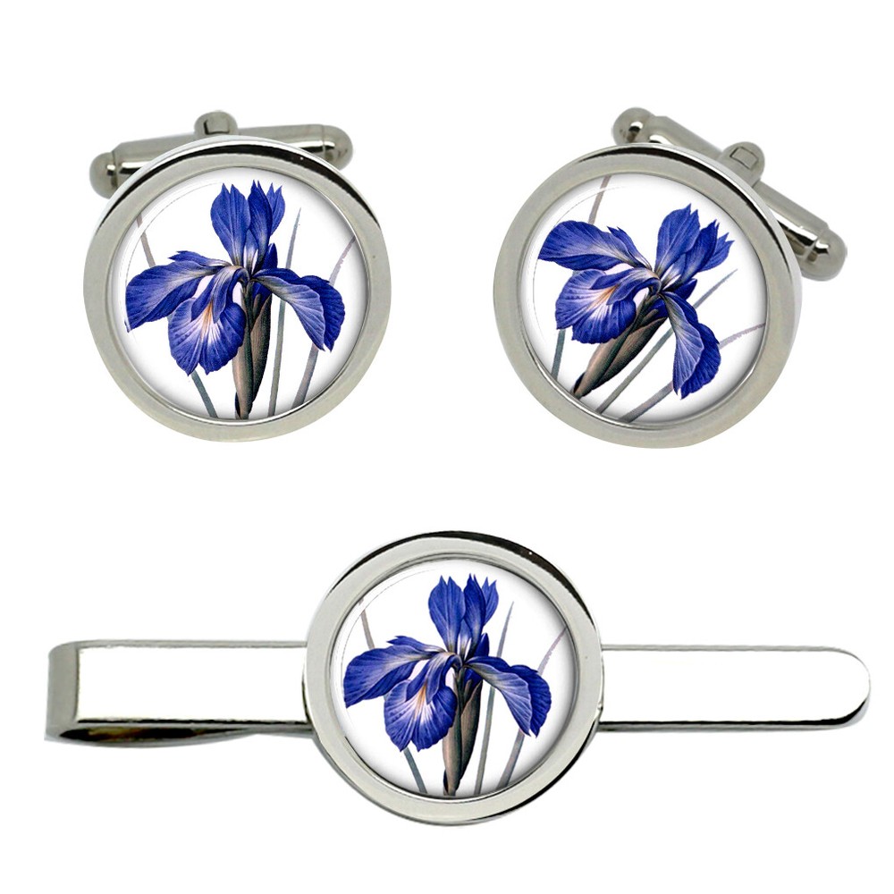 Blue Iris Cufflink and Tie Bar / Clip Set