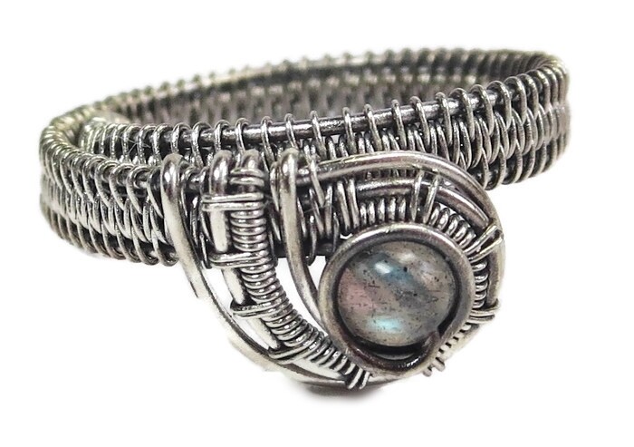 Labradorite Adjustable Ring, Woven in Sterling Silver Wire