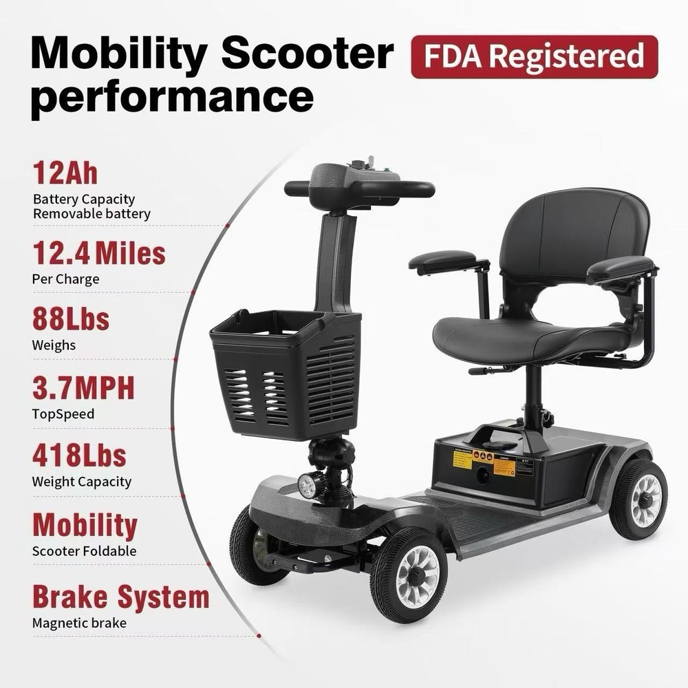 Foldable 4-Wheeled Mobility Scooter Removable Battery 418lbs 12AH Black Silver