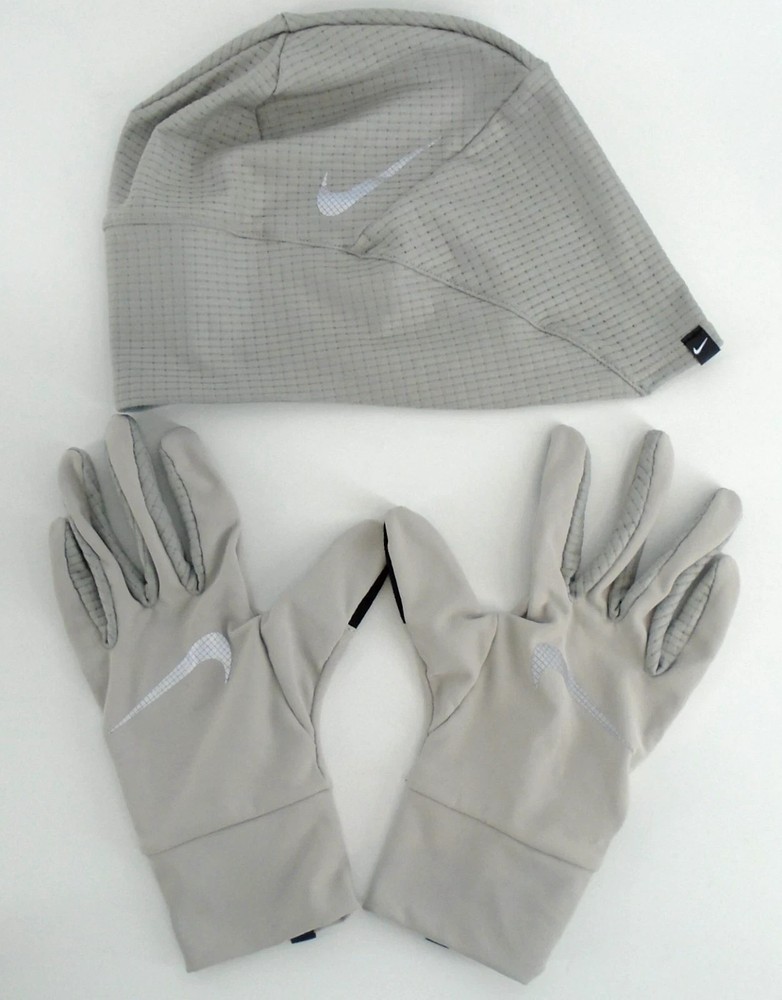 Nike Essential Running Hat & Gloves Set Women's M/L Lt Iron Ore/Grey/Silver