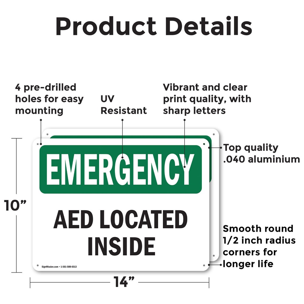 (2 Pack) AED Located Inside OSHA Emergency Sign Decal Metal Plastic