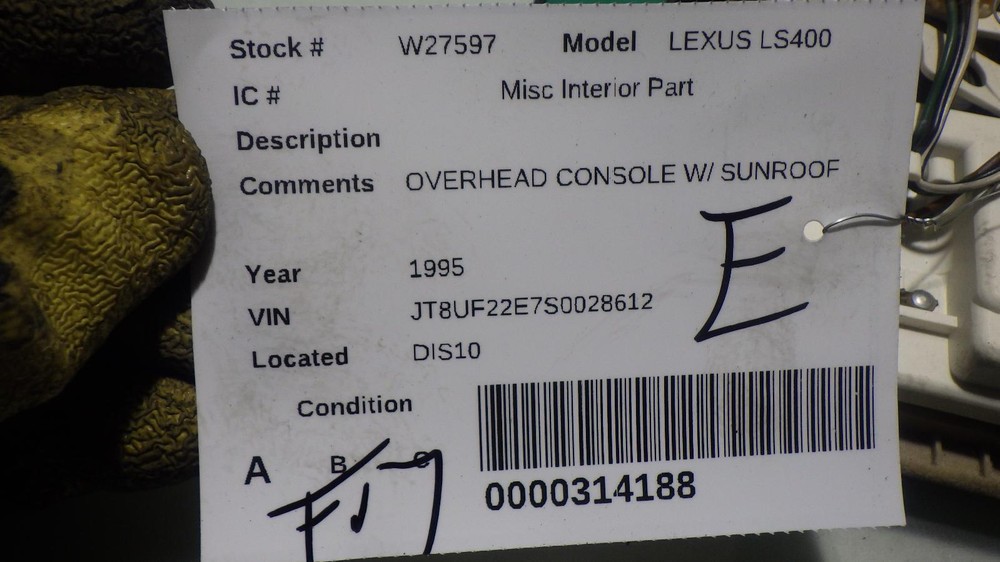 95 LEXUS LS400 OVERHEAD CONSOLE W/ SUNROOF