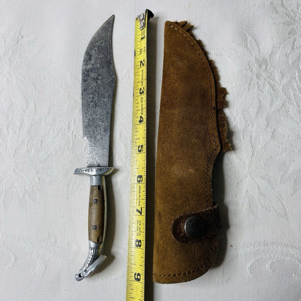 Oaxaca Eagle Head Bowie Knife 8.5" Etched Fixed Blade With Leather Sheath
